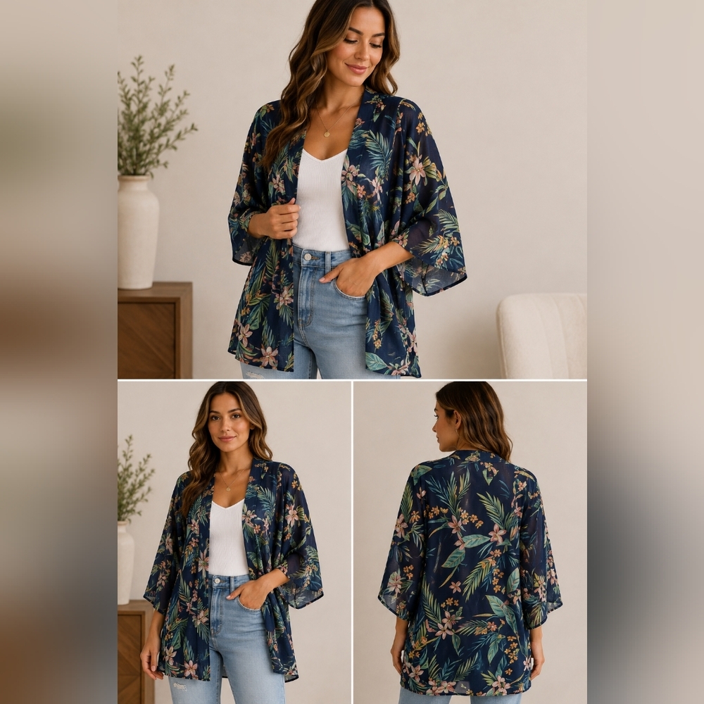 Women's Navy Floral Lightweight Kimono Jacket